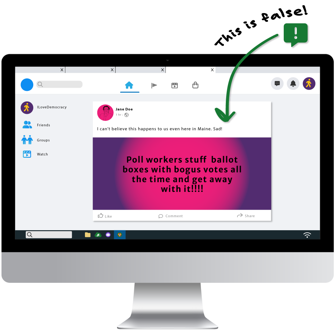 This is an example of a false social media post. It reads: "Poll workers stuff  ballot  boxes with bogus votes all  the time and get away  with it!!!!" This information is false. 