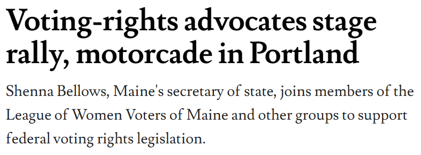 Voting-rights advocates stage rally, motorcade in Portland
Shenna Bellows, Maine's secretary of state, joins members of the League of Women Voters of Maine and other groups to support federal voting rights legislation.
